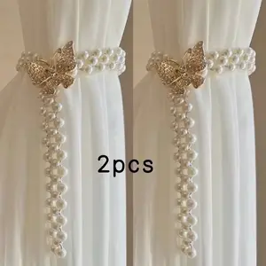 1 or 2pcs Elegant Stretchable Adjustable Curtains with Gold Butterfly Design and Faux Pearls, Home Decor, Living Room Bedroom, Interior Decoration Accessories, Window Decorations Supplies