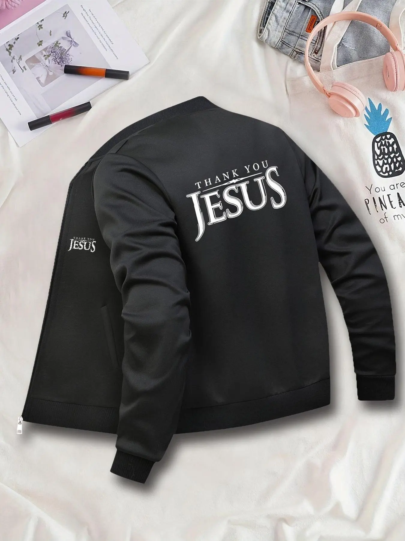 Women's Casual Graphic Long Sleeve Jacket Coats Outerwear, Thank You Jesus Print, Baseball Collar, Zipper Design, Fitted Medium Fabric, All Seasons Wear