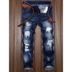 [Casual Cotton Blend Denim Jeans] Men'S Ripped Straight Leg Jeans, Cotton Blend, Casual Washed Non-Stretch Denim, Mid Waist Zipper Fly, Regular Fit, for All-Season Wear