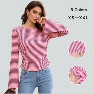 SCUSTY Women's Striped Bell Long Sleeve Shirt Boat Neck Tops Breton Loose Fit Tshirt