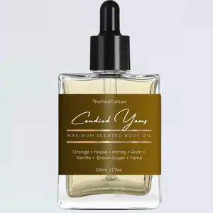 Candied Yams - Perfumed Body Oils -  1.7 oz/50ML Notes:  orange, maple, honey, rum, vanilla, brown sugar and yams Scented Aroma Fragrance Jojoba Moisturizing Cosmetic