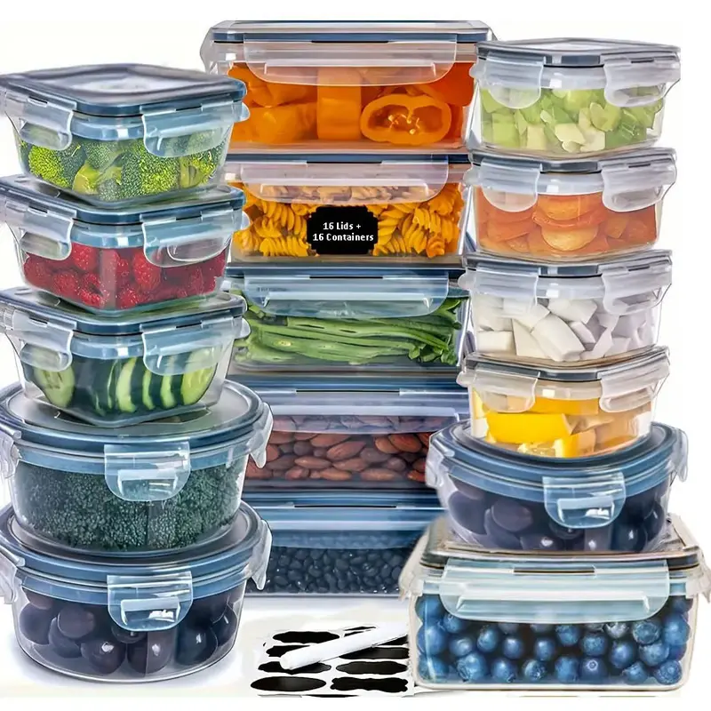 32-Piece Airtight Rectangular Multi-Size Stackable Anti-Leak Food Storage Container Set - 16 Plastic Storage Bins + 16 Lids, Carrier, Labels & Marker, Kitchen Utensil Sets for Fridge Organization, Kid Lunch Packing