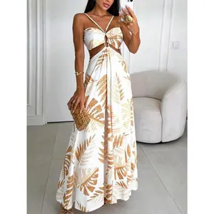 Women’s Tropical Leaf Print Open-Back Halter Maxi Beach Dress – Perfect for Vacations
