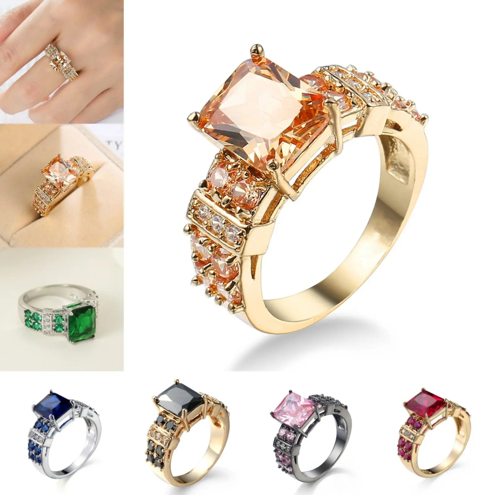 Unisex Sports-Inspired Vintage Gold-Plated Ring - Bold Square-Cut Champagne Zircon Wedding Promise Band, Engagement Ring