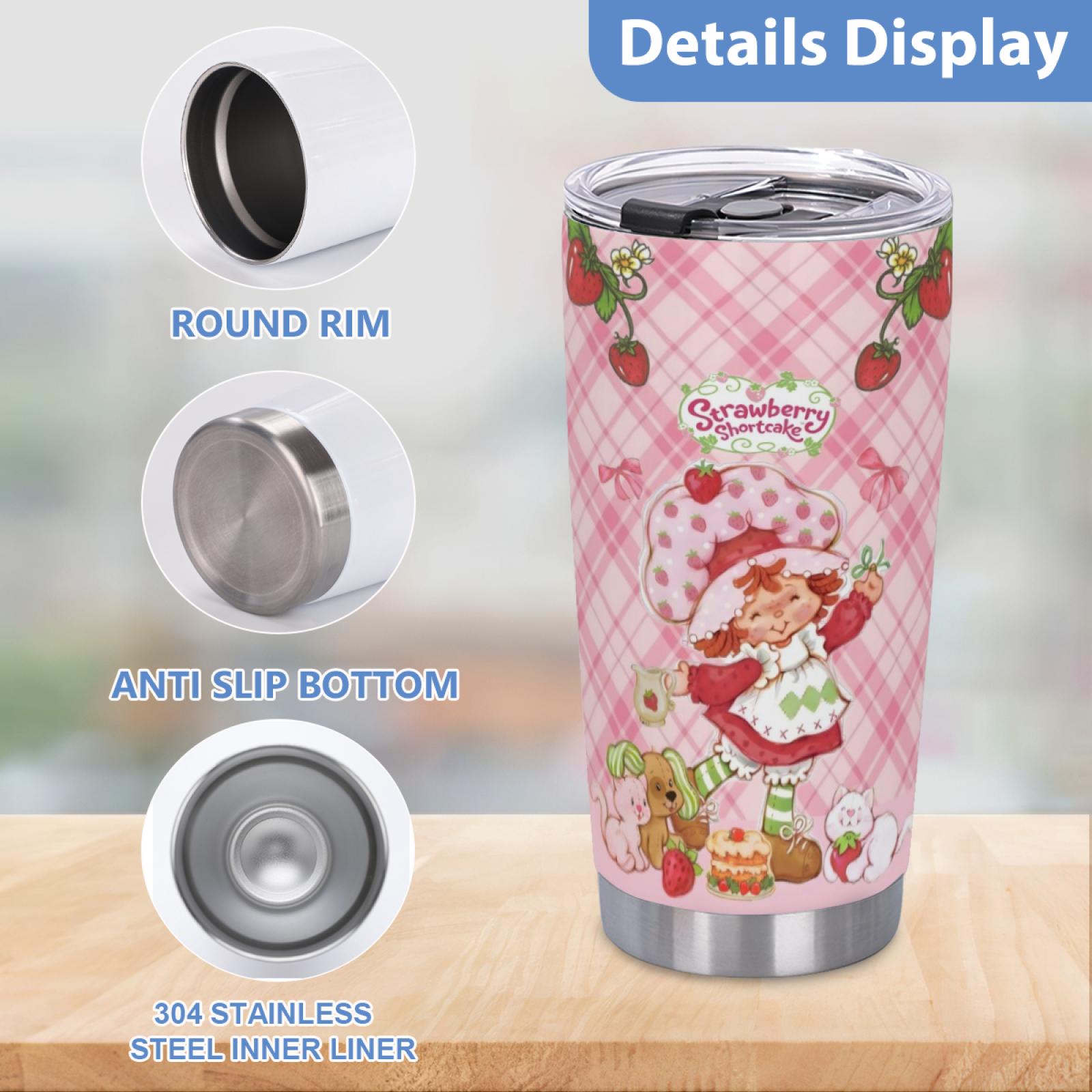 20oz Stainless Steel Tumbler Strawberry Shortcake Pattern Insulated Water Bottle Stainless Steel Thermos Drinking Cup Home Office School Gift Drinkware Summer Cool Bottle TikTok Viral Leakproof Reusable Eco Travel Mug Gift Idea