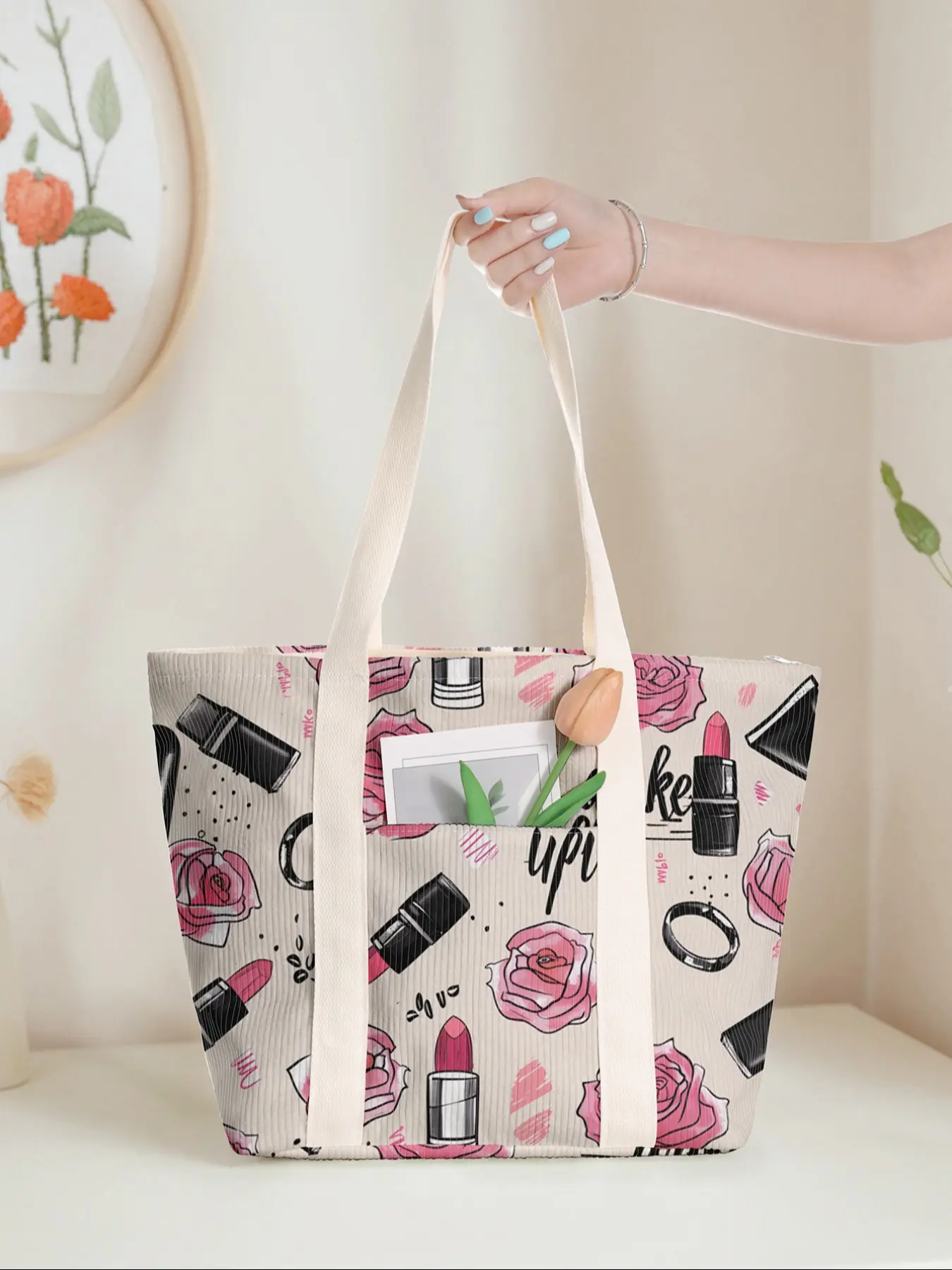 Rose Print Large Capacity Fashion Tote Bag, Casual Commuter Shoulder Backpack with Zipper Closure, Ideal for Gym Beach Work Travel, Unique Floral Print, Spacious Capacity, Secure Closure, Versatile Tote Bag, Floral Tote Bags