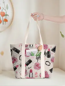 Rose Print Large Capacity Tote Bag, Casual Commuter Shoulder Backpack with Zipper Closure, Ideal for Gym Beach Work Travel