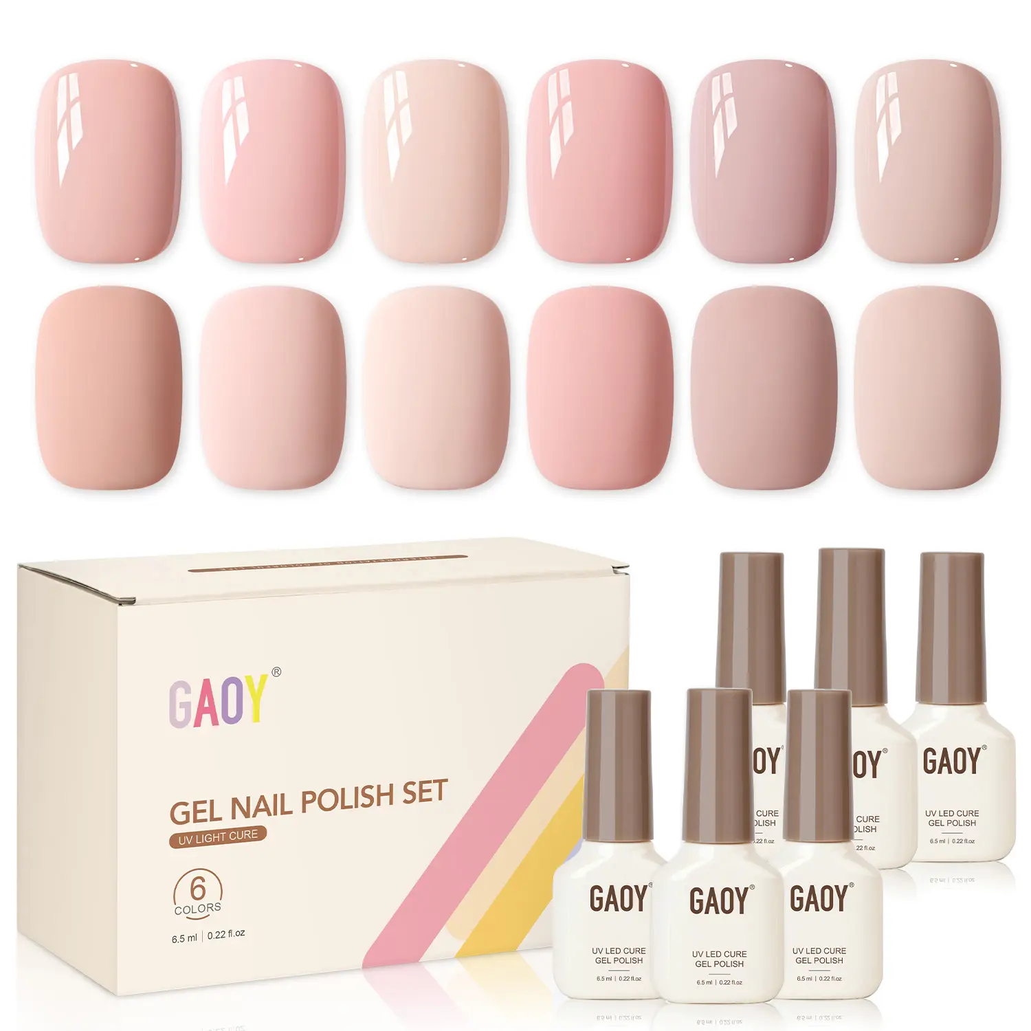 GAOY Macaron Nude Gel Nail Polish Set, 6 Colors Peach Pink Nude UV Gel | Sweet Minimalist Creamy Natural Nails, UV Lamp Required, Pigmented, Long Lasting, Easy to Apply, Salon Manicure at Home