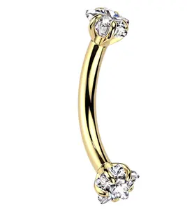 Gold PVD Double Prong Star Clear CZ Internally Threaded Titanium Curved Barbell