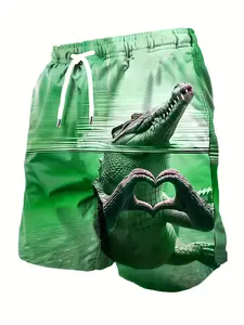 New Men's Fashion 3D Crocodile Print Beach Shorts, Casual Drawstring Waist, Lightweight Comfortable Summer Swimwear, Ideal for Beach Golf Fishing