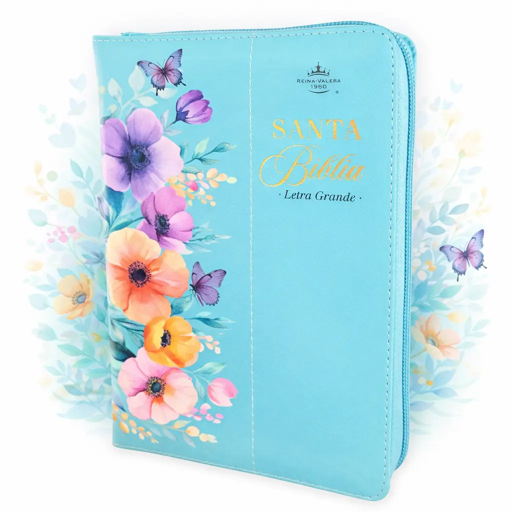Biblia con Cierre Portátil Letra Grande 12 puntos RV1960, imit piel flores turquesa con índice y canto floral