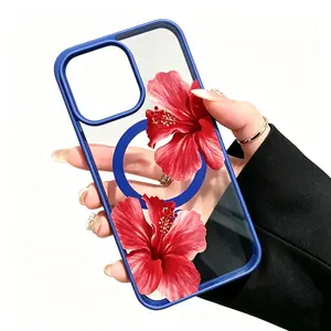Hibiscus Eternal Growth Pattern Magnetic Smartphone Case, Shockproof Non-Slip Silicone Transparent Acrylic Casing for iPhone 11-17 Series (11,12,13,14 Pro Max,15,16,17 Air,XR,XS Plus) - Wireless Charging Support, Handheld Devices Accessories