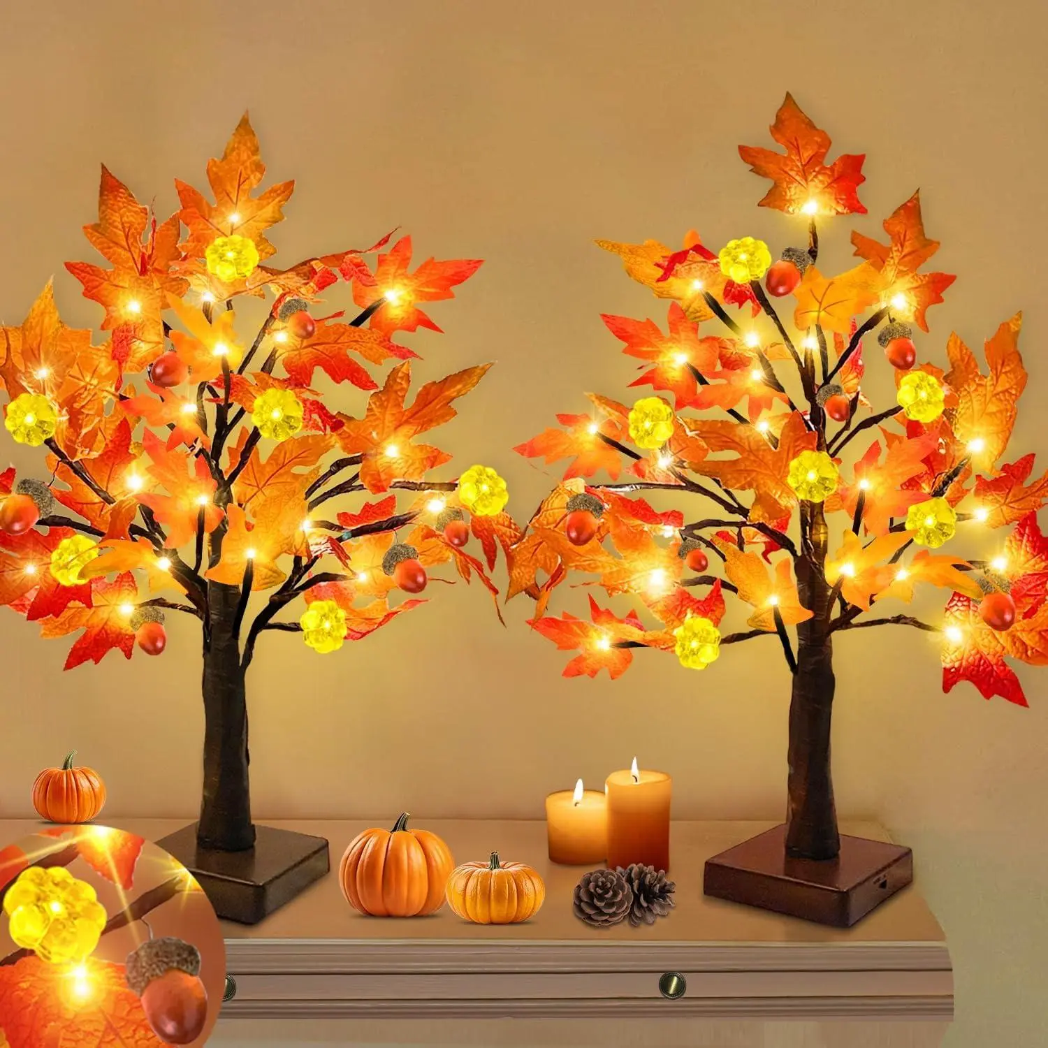 TURNMEON 2-Pack 18in Prelit Fall Maple Tree Decor, 48-LED Timer Battery-Operated Pumpkin Lights for Home Table Mantle, Indoor Outdoor Thanksgiving Halloween Festive Decorative Lights