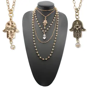 Peace Hamsa Rosary Necklace Layering Bundle - Antique Gold/Silver Finish Chains with Faceted Crystal Beads & Magnetic Clasps Cross Pendant