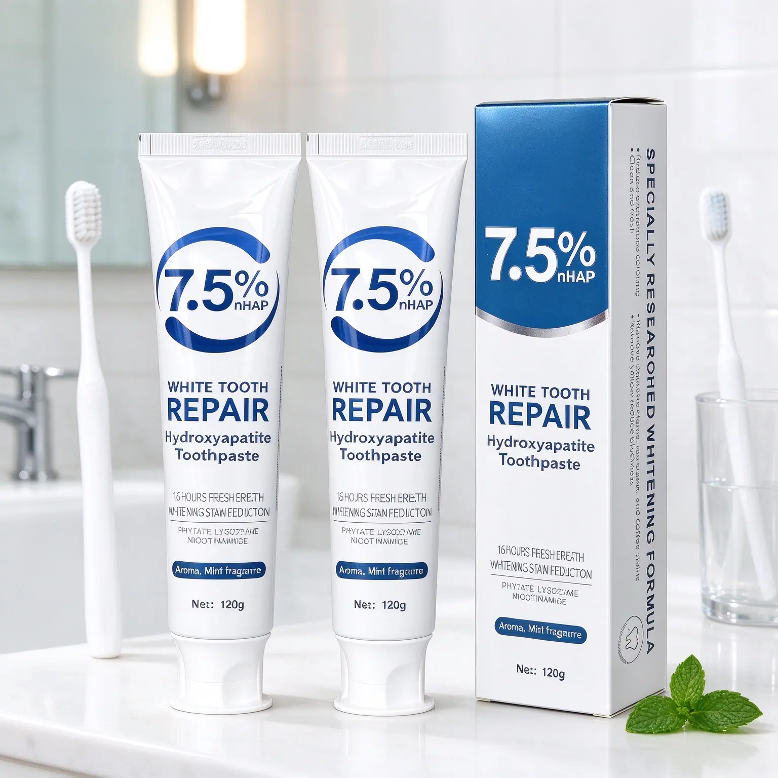7.5% nHAp Hydroxyapatite Toothpaste, Gentle Enamel Repair Whitening Toothpaste with Daily Stain Reduction & 16-Hour Fresh Breath, Mint Flavor, 120g Per Tube