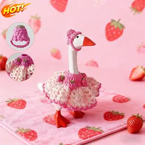 Handmade Crochet Pink Strawberry Dress & Hat for 7 Inch Desk Goose Statue Cute Knitting Geese Decor Accessories for Valentines Day St Patrick's Day