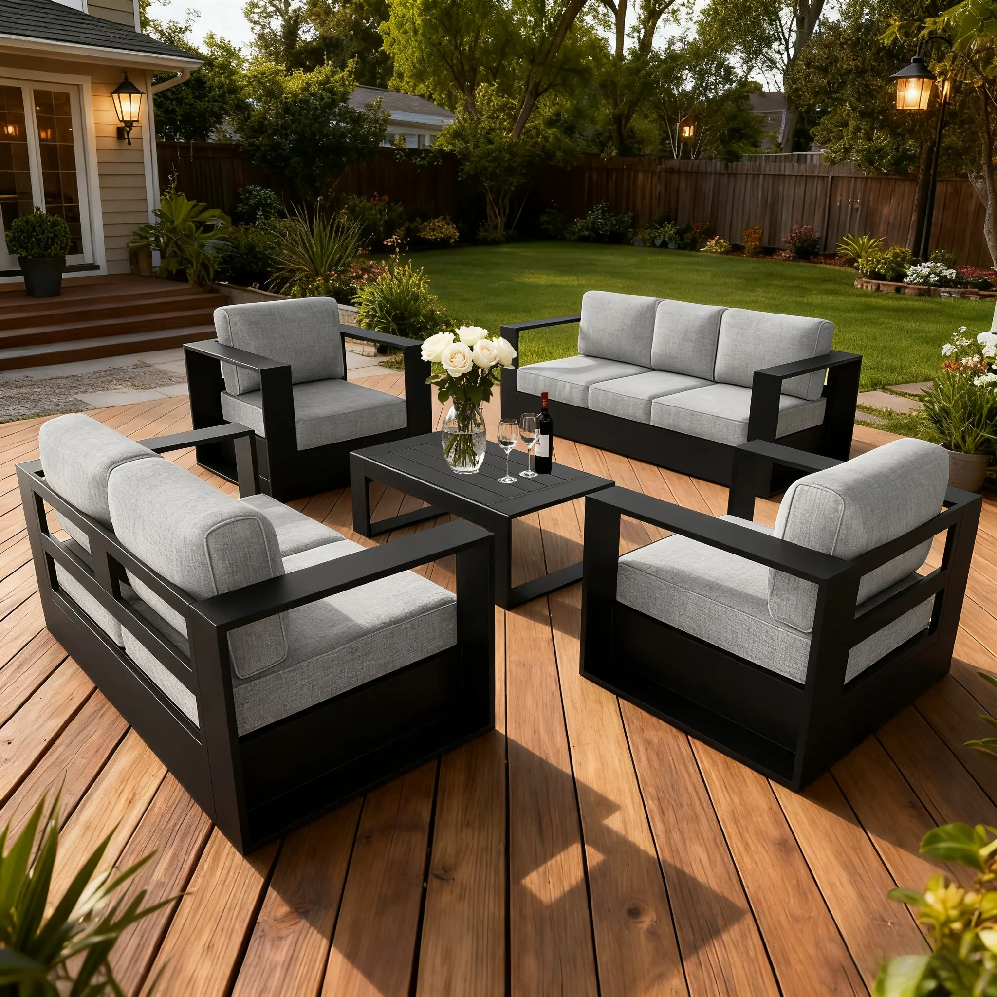 【4/5 Packages Shipping】LayinSun Oversized Aluminum Outdoor Furniture Set, Patio Sofa Sets with Coffee Table, Deep Seating and Upgraded 6-inch Cushions for Porch, Balcony, Deck