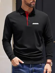 Men's Autumn Winter Long Sleeve Polo Shirt, Casual Business Outdoor Comfortable Turn-Down Collar, Letter Pattern, Gift Idea