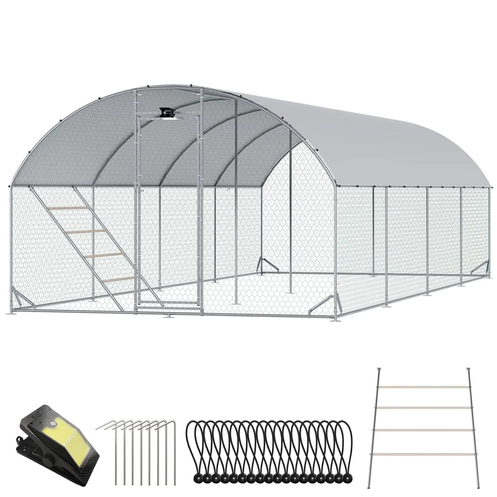 CHIKENCOOP Large Metal Chicken Coop with Full-Top Waterproof Cover, Enclosed Poultry Hutch, Outdoor Poultry Cage for 32/40 Chickens - Solar Light, Backside Poles, 4-Room Walk-In Pen for Rabbits Ducks