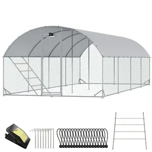 CHIKENCOOP Chicken Coop Large Metal Chicken Run with Full-Top Waterproof Cover - Chicken House for 32/40 Chickens, Poultry Cage with Solar Light, Backside Poles, Walk-in Pen for Rabbits Ducks Yard 4 Room outdoorfun