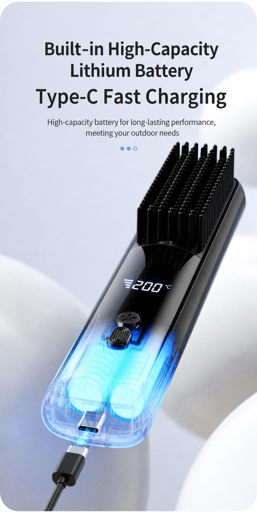 Lightweight Hair Straightener Brush with MCH Rapid Heating, 3 Temp Levels & Cool Air Styling, Fast Charging Travel Ready Hair Tools with Digital Display, Adjustable, Cordless, Anti-Frizz, Dual Voltage, Smooth, Straightening Curly Hair