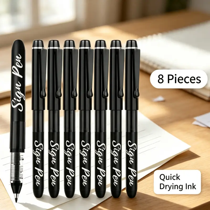 Smooth Writing Fineliner Marker Set, 8 Black 1.0mm Tip Liquid Ink Sign Pens, Quick Dry Ink for Office Stationery Writing Needs, Modern Grip