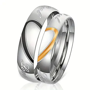 2pcs Stainless Steel Couple's Ring Set - Double Heart Design, Perfect for Weddings & Gifts,Suitable for both men and women