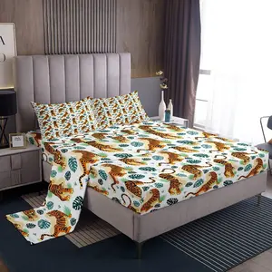 Feelyou Wildlife Theme Bedding Sheet Set - Tiger Pattern Soft Breathable Sheets with Turtle Leaf & Branch Design for Boys Girls