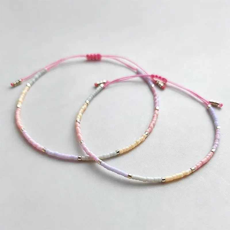 Mini Dainty Miyuki Beaded Bracelet Pink Chain: Multi Color / One Size((set of 3))