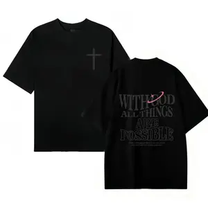 Men’s Heavyweight 230gsm Cotton Vintage Washed Tee, Dual-Sided "With God All Things Possible" & Cross Graphic, Loose Fit Hip Hop Streetwear, Short Sleeve Round Neck Casual Top, Ribbed Neckline Baggy Shirt, Everyday Urban Outfit