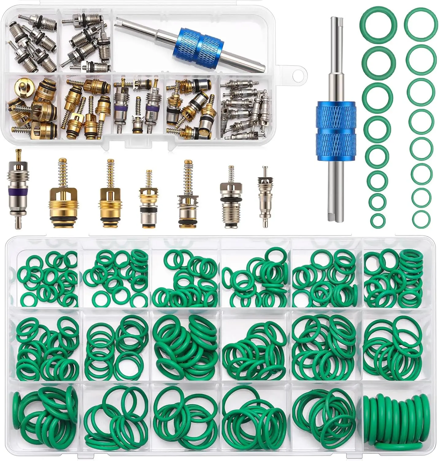 Car A/c Repair Kit 270 Pcs O-Ring Set 40 Pcs Ac Valve Cores R12 & R134a Refrigeration Tire Valve Stem Cores A/c Core Assortment with Remover Tool