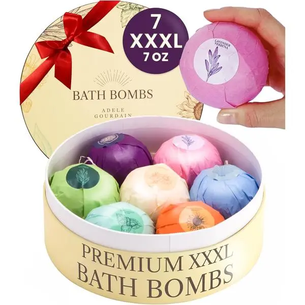 XXXL Bath Bombs for Women Gift Set, 7 Pack, Spa Scents, Adelegourdain | 7 Scents - Arrives in Gift Box - XXXL (200g) - Long-lasting Fizz & Scent - Non-Staining - For Birthdays, Mothersday and More