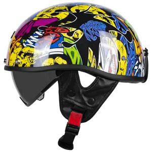 KAESE Retro Street Graffiti Half Helmet DOT Certified Biker Lid with Drop Down Sun Shield for Men and Women Includes Free Neck Gaiter