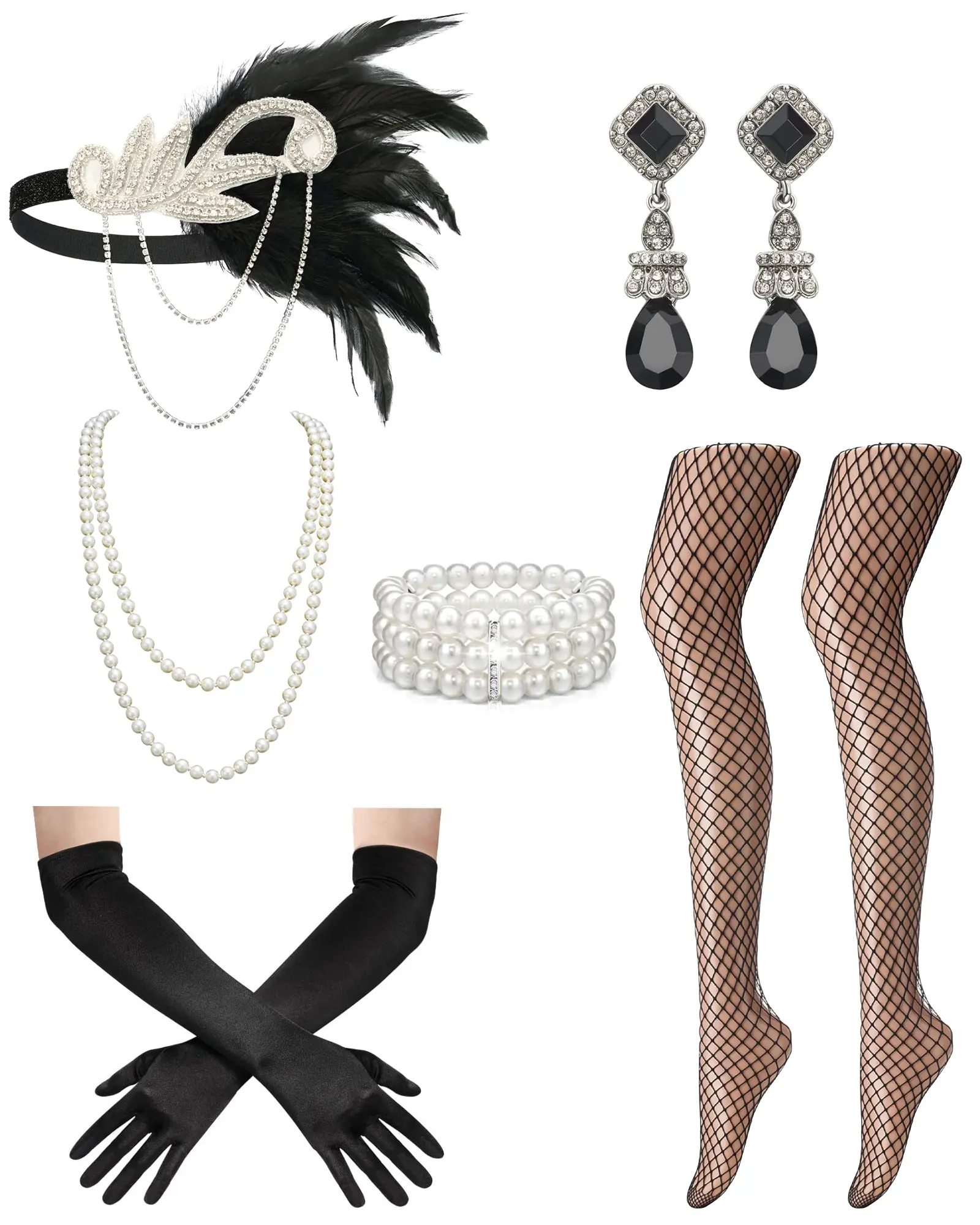 Women's 1920s Vintage Flapper Costume Accessory Set - Feather Headband, Elastic Band Necklace, Fishnet Stockings, Long Gloves for Halloween, Harlem Nights Dress-Up