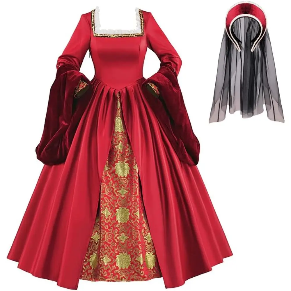 Women's Tudor Elizabethan Court Gown, Crimson Anne Boleyn Cosplay Dress with Puffy Sleeves, Floor-Length Historic Costume for Renaissance Fairs, Plus Size, Clothes, Costumes, Garment, Fabrics