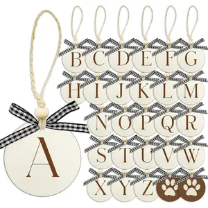28 Pieces Christmas Stocking Name Tags Wooden Stocking Tags Initial Letter Ornaments Gift Name Tags Beaded Stocking Tags (Black White Plaid)