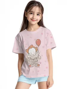 Simple-style Pennywise clown with full love print digital printed summer fashion girls' clothing, 100% polyester made for energetic children, cute girls' short-sleeve T-shirts, summer casual children's clothing, outdoor sports T-shirts