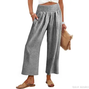 Women Striped Gingham Wide Leg Palazzo Pants Casual Lounge Cropped PJ Bottoms Comfy Cute Plaid Pants with PocketsXXALUE BAZAAR11