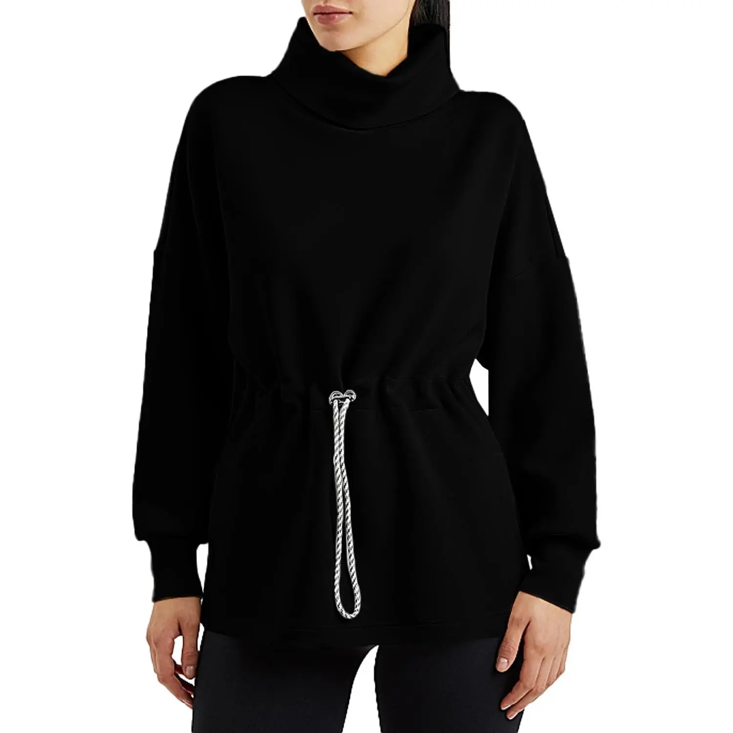 Goranbon Womens Turtleneck Sweatshirt Long Sleeve Side Split Pullover Tops for Leggings with Drawstring Waist， White， XX-Large
