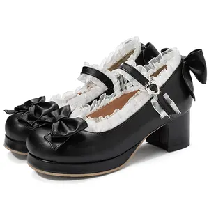 Women Kawaii Block Heel Mary Janes Pumps with Bow Platform Dress Pumps Chunky Heel Cute Lace Sweet Party Shoes for Girls