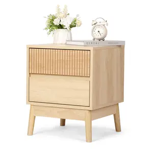 VOWNER Fluted Wooden Nightstand, End Table with 2 Drawers and Solid Wood Legs, Beside Table with Storage for Bedroom, Living Room