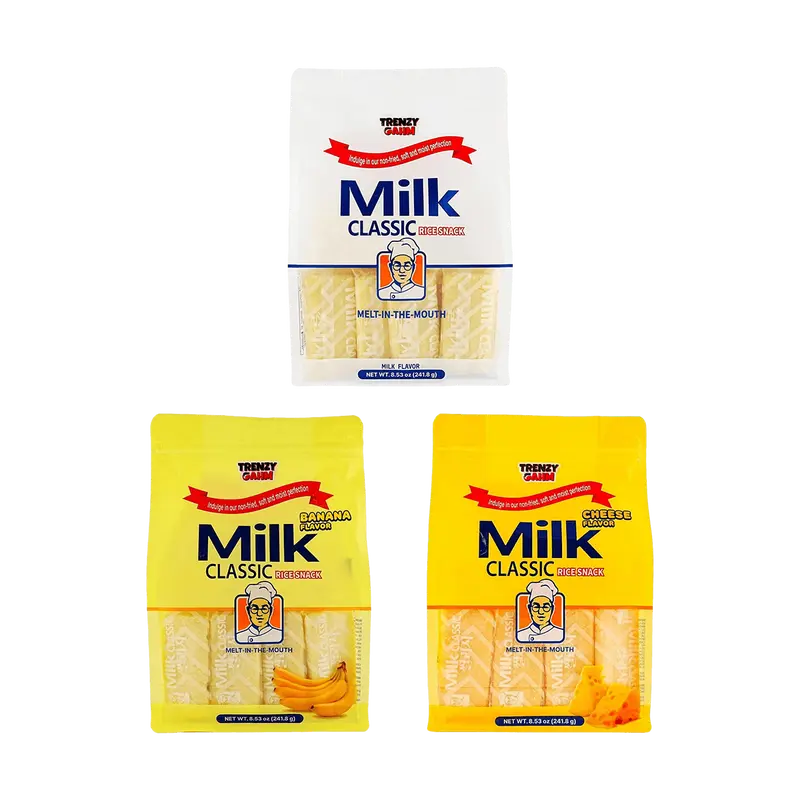 Korean Rice Snacks Combo Pack - 3 Flavors (Classic Milk, Cheese, Banana) - 8.5 oz Per Bag (Total 25.5 oz) - Crunchy Gluten-Free Rice Crackers