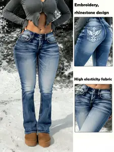 Women's Embroidered Elastic Flare Pants Casual Ladies' Long Trousers Comfortable Stylish Perfect for Daily Wear High Elasticity Fabric Jean Womenswear