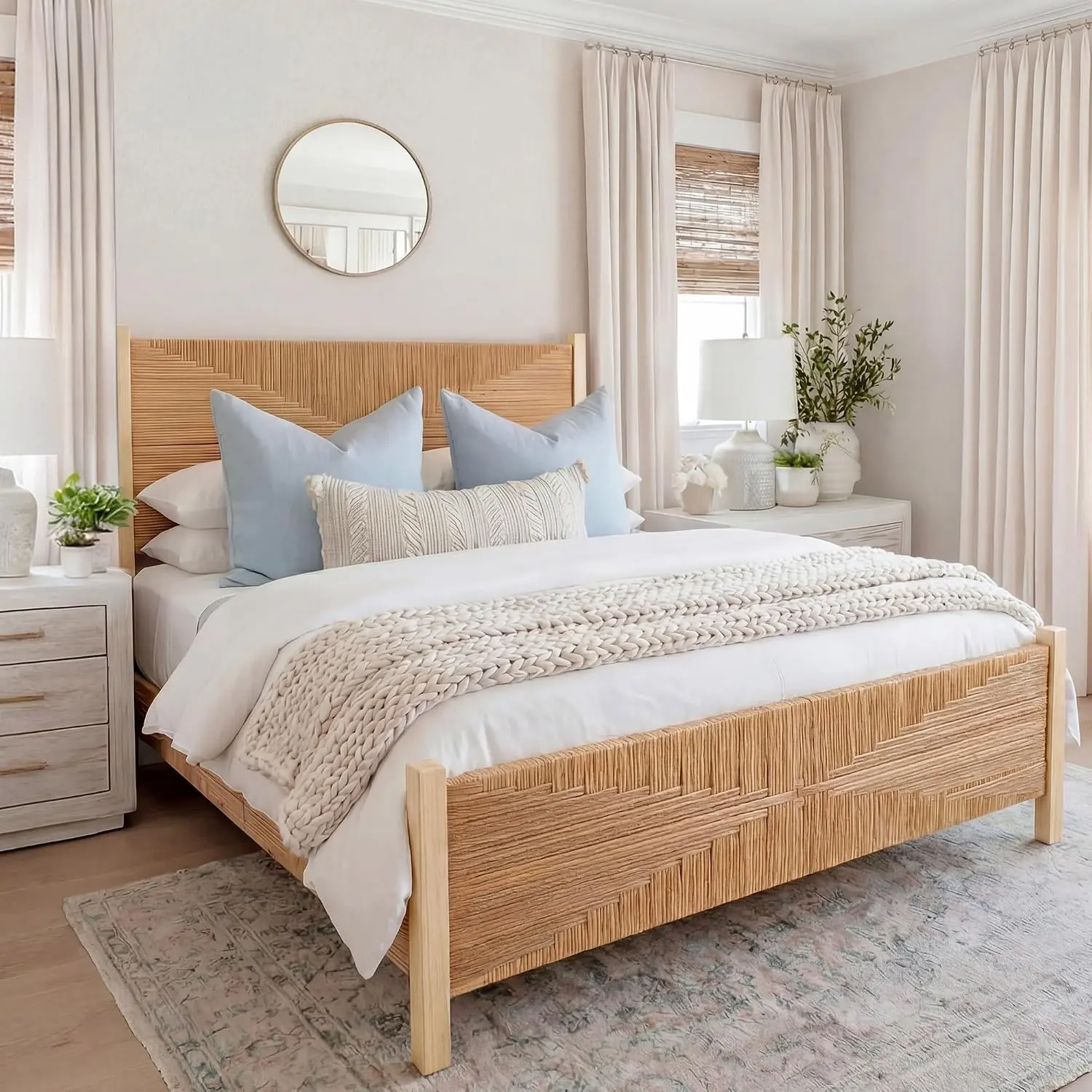 Yechen Boho Rattan Bed Frame - King/Queen Size, Solid Wood Handwoven PE Rattan Headboard, Durable Wooden Platform Bed, High-Strength Sturdy Steel Frame, Assembly Required, Natural Finish