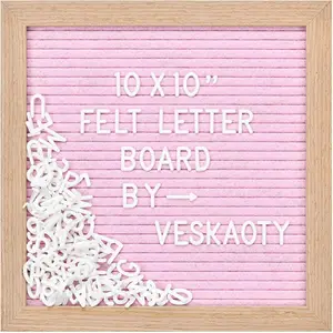 Felt Letter Board with 294 Letters, Numbers & Symbols - 10 x 10 inch Changeable Message Board with Wooden Frame Wall Mount Hook, (Pink Board & Wood Frame)