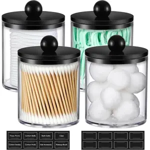 4 Pack  Qtip Holder Dispenser for  Swabs, Balls, Pads, Floss - Plastic Canister  Jar Set, Bathroom Essentials Accessories Decor  Makeup Storage Organizer - Clear & Black