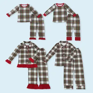 Long sleeves green red plaid baby kids boy Christmas pajamas