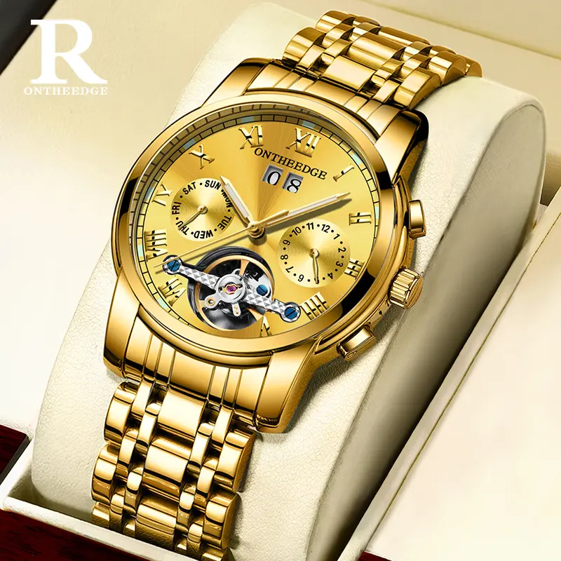 ONTHEEDGE Men's Gold Automatic Mechanical Dress Watch - Luxury Open Heart Design, Roman Numerals Dial, Stainless Steel Bracelet, Business Wear Watch