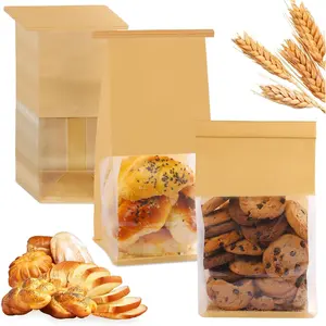 HONKID Bread and Cookie Bags with Seal, 50 Pack 11 x 5.1 x 3.9 Inches Bakery Bags with Window Reusable Tin Tie Tab Lock for Sealed Baked Goods Packaging for Pastry Bagels Breads Treats Cookies Brown