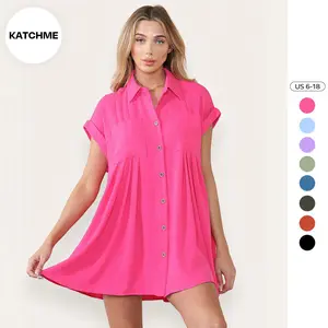 KatchMe Women's Solid Color Plicated Short Sleeve Button Through Shirtdress, Summer Collared Loose Holiday Dresses for Lady, Comfort Womenswear